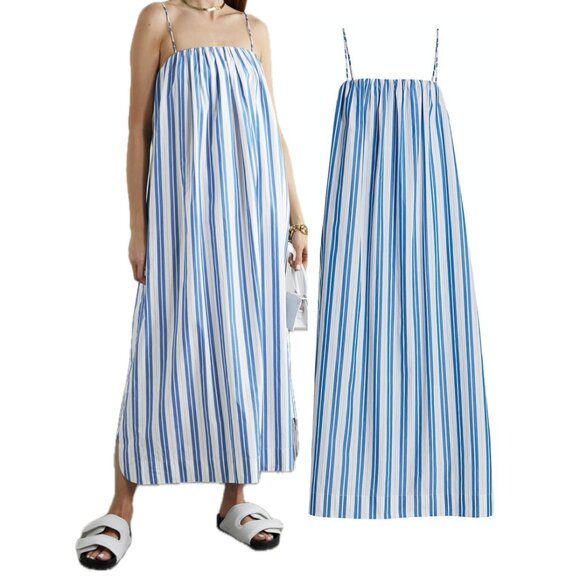 GANNI Daphne Striped Organic Cotton-Poplin Dress With Pockets (Blue/White)